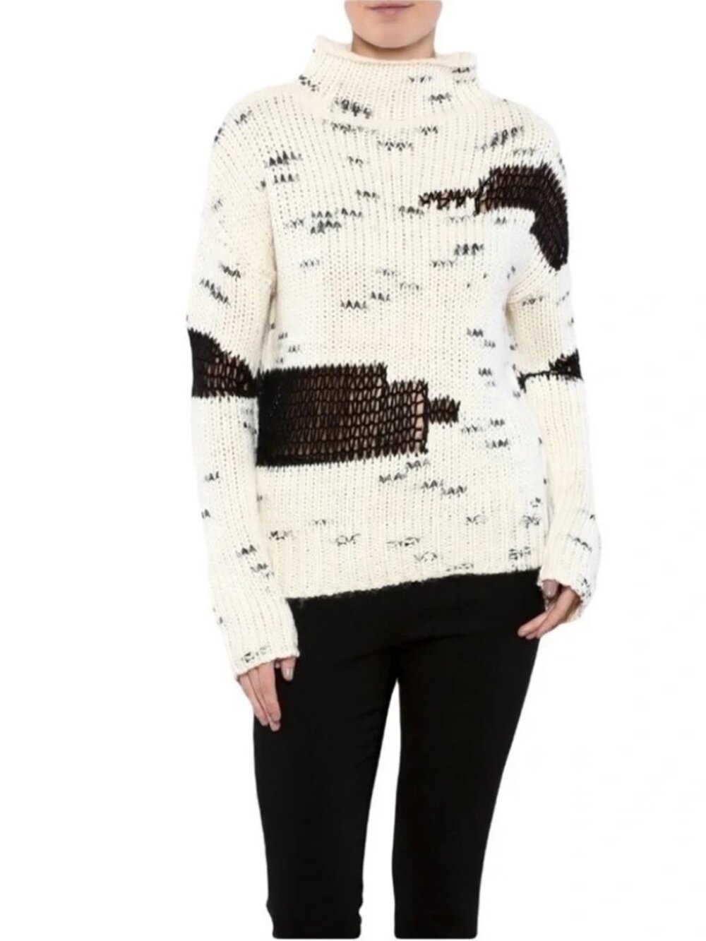 Womens Line Cream Black (Item- 4) Chunky Wool Blend Knit Mock Neck Sweater M